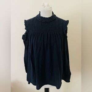 Loft Women Turtleneck Top L Navy Blue Cold Shoulder Long Sleeves Romantic